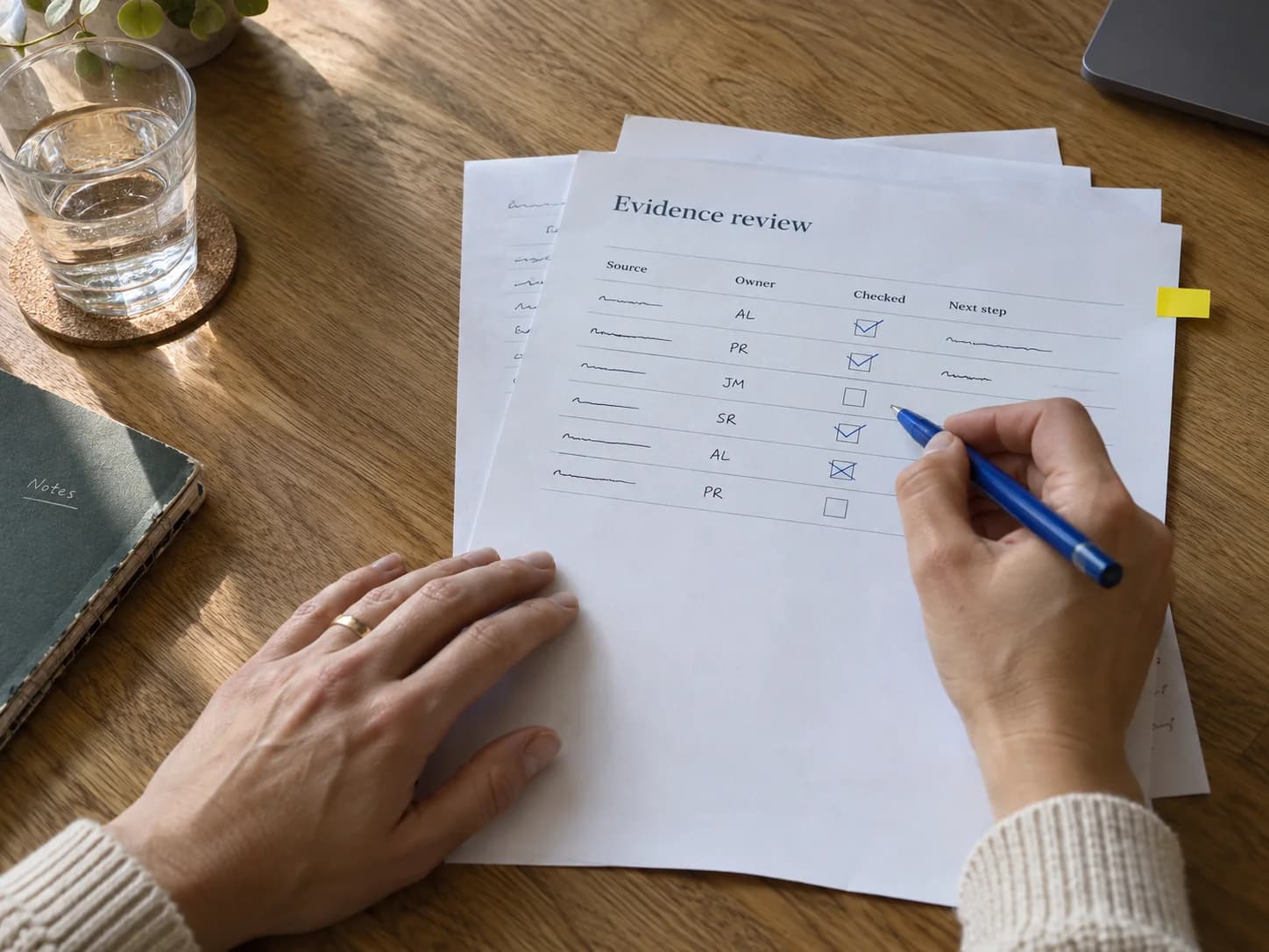 Illustrative close detail of hands checking an annotated evidence sheet with a blue pen on a wooden table.