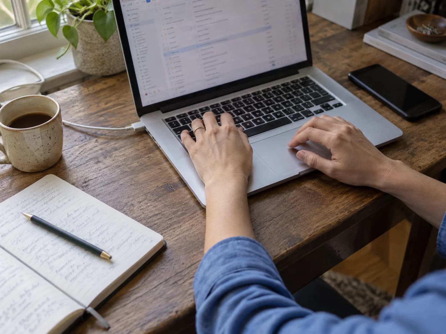 Illustrative close detail of hands using a laptop keyboard and trackpad beside a notebook at a daylight workstation.