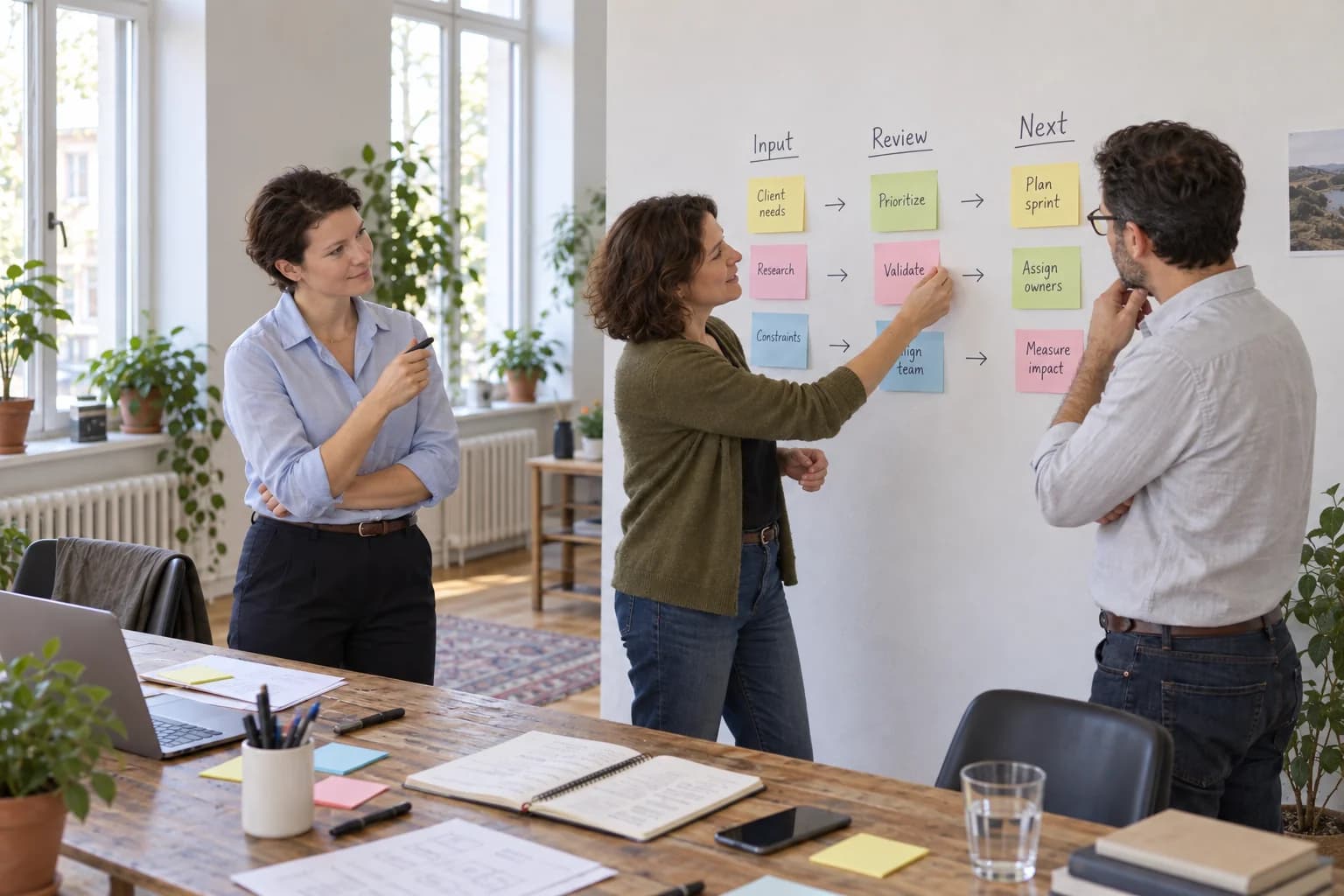 Illustrative workshop: Adriana and two participants arrange a workflow with handwritten notes on a wall.