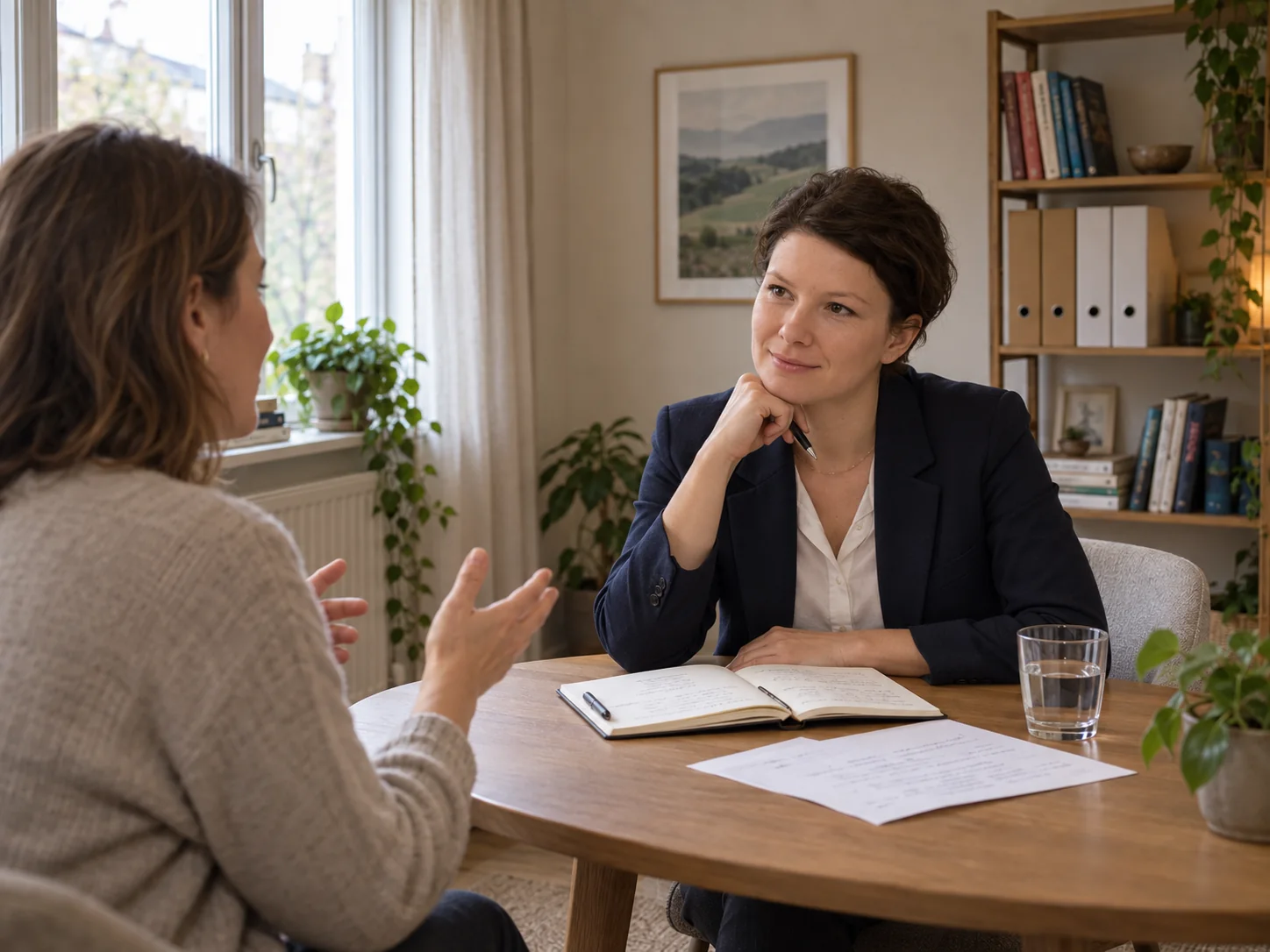Illustrative consulting conversation: Adriana listens to a participant across a wooden table, photographed obliquely.